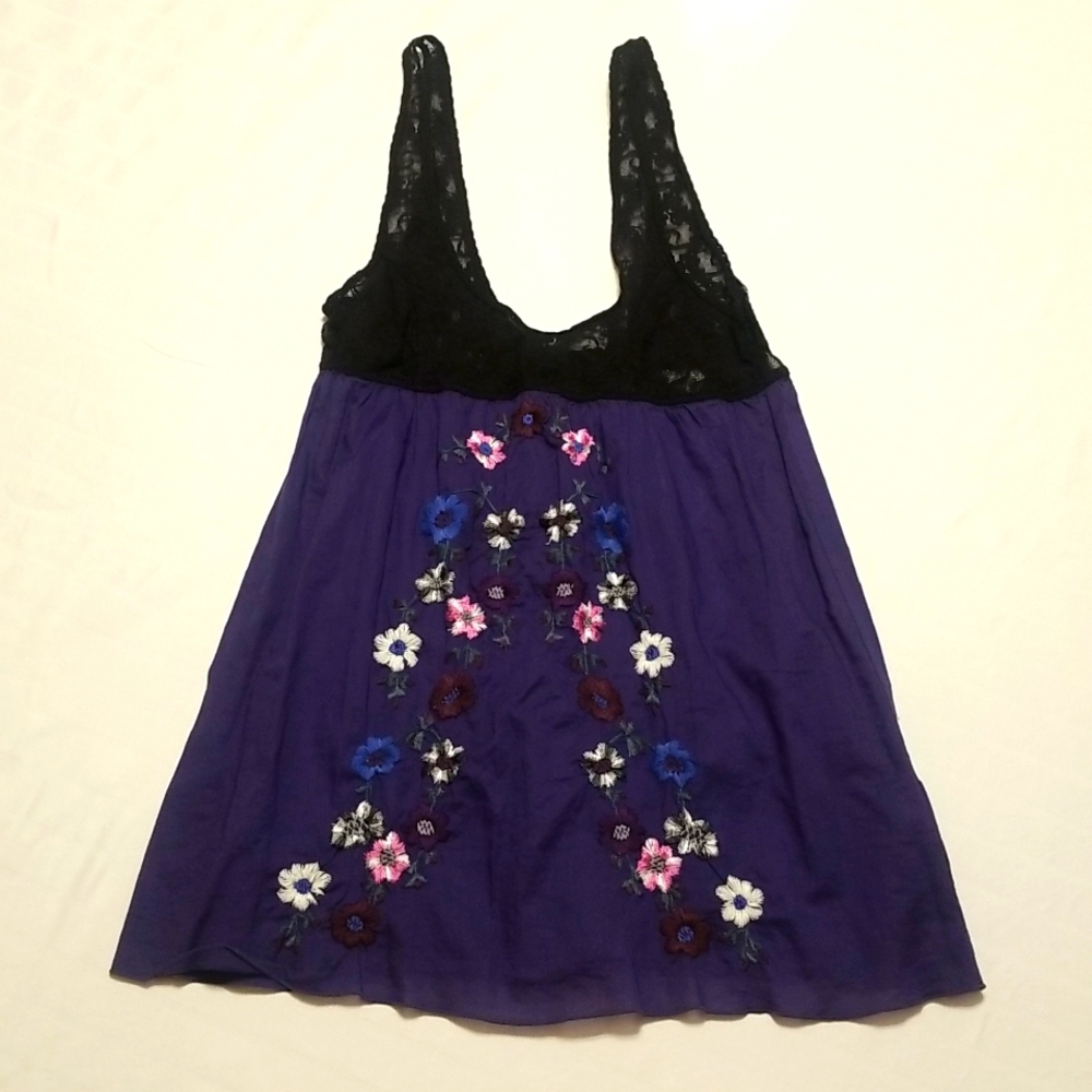 Free People XS Black Lace and Purple Floral Embroidered Tank